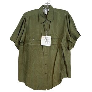 NWT Vintage Women Olive Green Silk Short Sleeve Button Up Shirt Frenchic Large